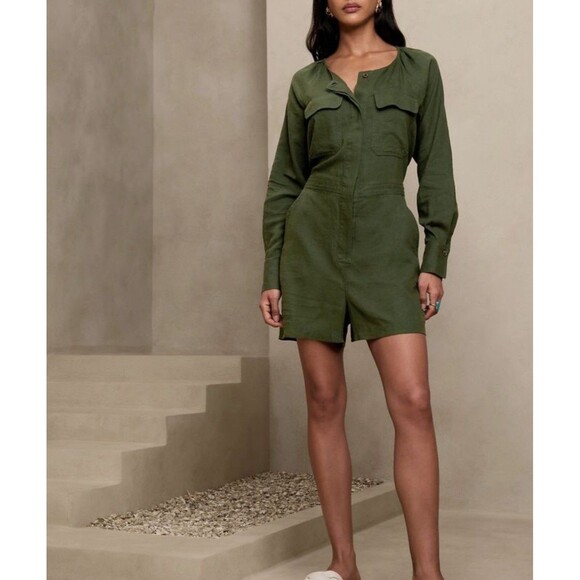 Banana Republic Linen Blend Utility Blend Romper In Treegrove Green Sz L New - Picture 8 of 8